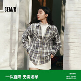 森马长袖衬衫女秋中长款宽松翻领落肩格纹上衣101125105007