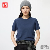 优衣库精纺美利奴羊毛圆领针织衫/短袖女装T恤通勤休闲百搭485306 485306/66蓝色 L