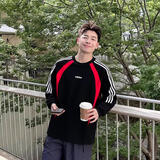 阿迪达斯（adidas）长袖T恤男 2026秋季新款跑步健身训练运动服透气宽松圆领复古上衣 黑色/浅猩红 L /180/100A