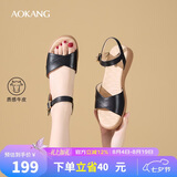 奥康（Aokang）女鞋坡跟一字带凉鞋牛皮舒适日常休闲外穿妈妈鞋T666688810黑38码