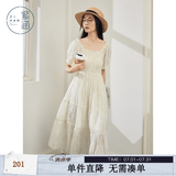 紫涵（ZIHAN）紫涵打揽印花连衣裙女夏季法式甜美风收腰显瘦方领中长裙 米金 L