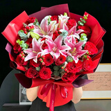 馨仪鲜花速递33朵香槟玫瑰花束送女友生日礼物全国同城配送 19朵红玫瑰+9朵粉百合混搭花束