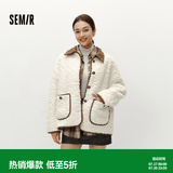 森马（Semir）外套女冬仿兔毛拼接灯芯绒翻领宽松落肩上衣气质复古潮流夹克 米白10301 S