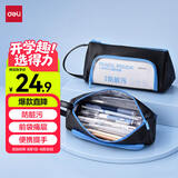 得力（deli）【包邮】防脏污学生三角笔袋 时尚痛层简约大容量文具收纳袋男女孩便携手提文具盒 蓝黑色毕业礼物