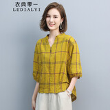 衣典零一（LEDIALYI）2025夏季女装新款休闲宽松中年棉麻短袖t恤女夏天薄款v领上衣小衫 姜黄色 2XL （建议140-155斤）