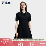FILA 斐乐官方女装编织连衣裙2026夏新款简约翻领修身收腰连身裙 正黑色-BK L 170/88A/L