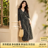 尚都比拉度假风碎花连衣裙女夏天V领气质中长裙收腰A字雪纺裙子 黑花  2XL