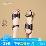 奥康（Aokang）女鞋坡跟一字带凉鞋牛皮舒适日常休闲外穿妈妈鞋T666688810黑36码