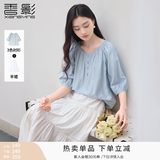 香影中袖衬衫女圆领2026夏装新款慵懒泡泡袖气质淑女宽松蓝色上衣 蓝色 M 160/84A/95-110斤