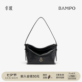 半坡饰族（bampo）新款包包小绵绵头层牛皮手抓纹小包时尚高级感女包单肩斜挎包七夕 墨碳黑（拉链版，包底可收纳肩带）