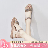 ZHR凉鞋女璀璨亮片一字带女鞋夏季清凉透气时尚搭扣女鞋淑女风百搭小坡跟鞋子女 OM298  凉鞋 杏色 39