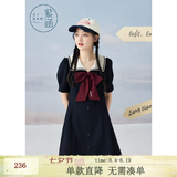 紫涵（ZIHAN）紫涵学院风连衣裙女夏季甜美撞色翻领收腰小个子A字短裙 黑藏青 XS