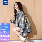 唐狮（TonLion）2026春季女长袖格纹衬衫拼色百搭格子外套潮流上衣 蓝色调 S