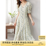 尚都比拉夏季法式碎花连衣裙泡泡袖茶歇裙气质女神范裙子 杏底蓝花 XL 