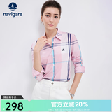 Navigare意大利小帆船女士长袖衬衫春秋季休闲格子衬衣莱赛尔高档寸衫 洋红/白 M