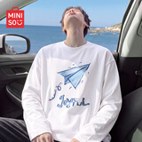 名创优品（MINISO）长袖t恤男春秋季宽松休闲百搭纯棉打底衫简约百搭圆领男装上衣服 白色(折纸飞机) L 175(体重120-140斤左右)