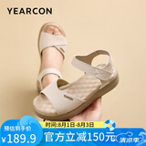 意尔康女鞋一字带露趾凉鞋牛皮通勤百搭休闲妈妈凉鞋 27586W 米白 38