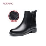 奥康（Aokang）女棉鞋冬季保暖加绒牛皮短靴防滑耐磨妈妈鞋棉皮鞋马丁靴女 黑色升级加绒 37