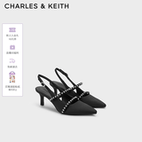 CHARLES&KEITH亮钻一字带尖头包头复古高跟凉鞋婚鞋子女鞋生日礼物CK1-61720199 BLACK TEXTURED黑色纹理 36