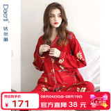 达尔丽睡衣女春秋季纯棉长袖薄款家居服套装本命年红国潮印花开衫可外穿 T895118-029-山茶花 XL :建议体重120-130斤