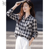 初申春秋长袖衬衫女经典格纹口袋设计休闲百搭衬衣外套S53S022