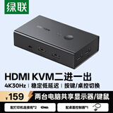 绿联HDMI KVM切换器4K高清视频切屏器二进一出 共享USB打印机/键盘鼠标接两台主机电脑共用显示器90809