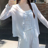 梵昇昱慵懒风V领开衫女夏季薄款宽松条纹外套百搭显瘦系带防晒上衣吊带 蓝色条纹 M 【80-100斤】
