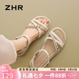 ZHR凉鞋女夏季外穿配裙子休闲女鞋仙女一字带粗低跟平底鞋CE56米色37