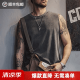 马登工装美式复古硬汉做旧背心男纯棉运动健身打底坎肩男士无袖T恤夏 旧炭黑 【砍袖/外穿/摇滚背心】 XL