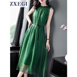 ZXEGI真丝早秋女装100%桑蚕丝连衣裙夏季收腰中长款高档背心真丝裙子中 绿色 均码