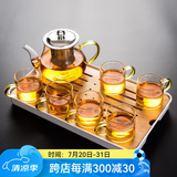瓷牌茗茶具（cipaiming teaset） 透明玻璃茶具整套套装家用功夫茶壶茶杯会客泡茶器 金把八骏壶6金把杯+小长方盘