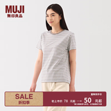 MUJI女式 天竺编织 圆领短袖T恤 上衣打底衫女款25年夏季女装内搭 浅灰棕色条纹 BB2P4C5S M (160/84A)