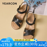 意尔康皮鞋女软底坡跟平底鞋中年妈妈魔术贴皮凉鞋 18075W 黑色 35