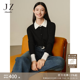 玖姿·安娜蔻赫本风撞色假两件翻领美丽诺羊毛针织衫女2024冬款 素黑 S