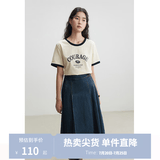独束大码女装复古撞色圆领趣味印花T恤女夏新品微胖mm百搭休闲上衣 米杏撞藏青 XL (尺码：3)