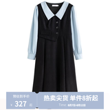 独束大码女装假两件撞色衬衫领连衣裙女秋冬微胖mm文艺复古穿搭裙子 墨染黑【适合160左右】 XL