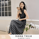 香影黑色格子无袖连衣裙女2026秋季新款复古法式中长款收腰a字裙 黑色 S 155/80A/85-95斤