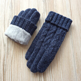 欧伊莱米男士秋冬季羊毛保暖加绒加厚分指触摸屏户外开车骑行双层毛线手套 花蓝色