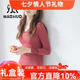 猫惑修身恒温无痕保暖内衣女士美体v领蕾丝薄款加绒加厚打底秋衣秋裤 酒红色【上衣+裤子】【不加绒】 均码 【适合80-135斤】