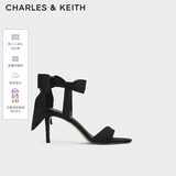 CHARLES&KEITH一字带缎面蝴蝶结绑带高跟凉鞋子女鞋生日礼物送女友CK1-61720177 BLACK TEXTURED黑色纹理 37