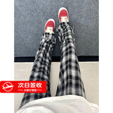 NEW OR MODEcleanfit黑白格子裤子男款夏季垂感慵懒格纹阔腿裤休闲微喇直筒裤 黑色 复古格纹街头感 XL 身高175-180cm体重140-155斤