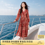 尚都比拉春秋中长款印花红色连衣裙气质女神范显瘦度假裙子 红花 XL 