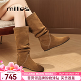妙丽（Millies）春秋季新款长筒靴女复古堆堆靴褶皱西部靴内增高美拉德骑士长靴子 焦糖色 跟高1cm+内增高3.5cm 39 (245mm)