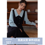 独束大码女装假两件撞色衬衫领连衣裙女秋冬微胖mm文艺复古穿搭裙子 墨染黑【适合165左右】 3XL