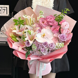 馨仪鲜花速递玫瑰向日葵康乃馨花束送女友老婆生日礼物同城配送 粉绣球玫瑰百合混搭花束