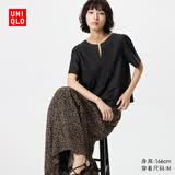 优衣库麻混纺半开领衬衫/短袖女装衬衣487477 09 黑色 2XL