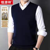 恒源祥100%纯羊毛背心男V领薄款上衣春秋中青年男士商务休闲鸡心领马甲 藏青 L 【建议120-140斤】