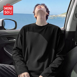名创优品（MINISO）长袖t恤男春秋季宽松休闲百搭纯棉打底衫简约百搭圆领男装上衣服 黑色 5XL (体重230-260斤左右)