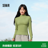 森马（Semir）长袖t恤女短款半高领薄绒轻暖打底衫2024冬新款纯色修身抓绒内搭 橄榄绿40874 M
