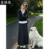 圣保美连衣裙女春秋季2026新款韩系穿搭休闲假两件连帽上衣半身裙子套装 深灰色套装 S